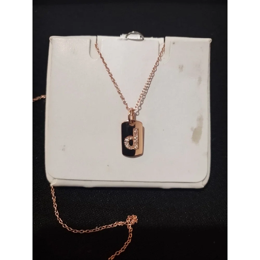 925 Sterling Silver Rose Gold Initial d Dog Tag Necklace Cubic Zirconia 18 In